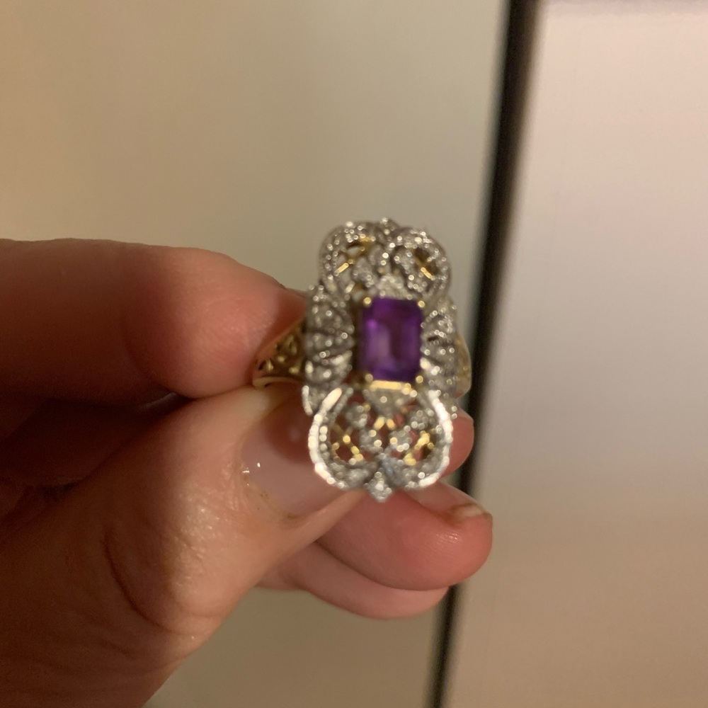 14k Estate Vintage 1990 Filigree Amethyst Diamond Ring